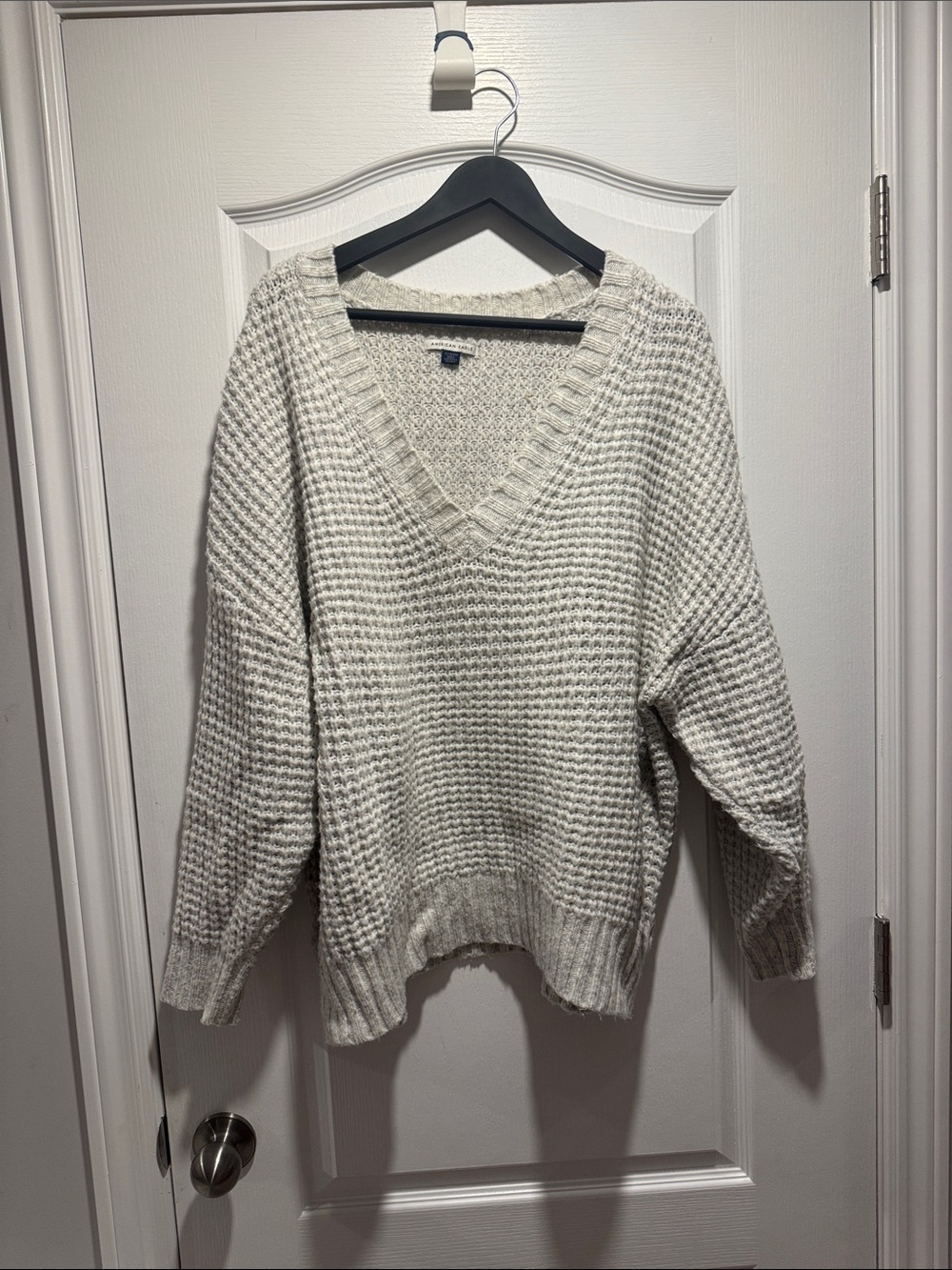 American Eagle Whoa So Cozy Waffle V-Neck Sweater Cream Oversized XL